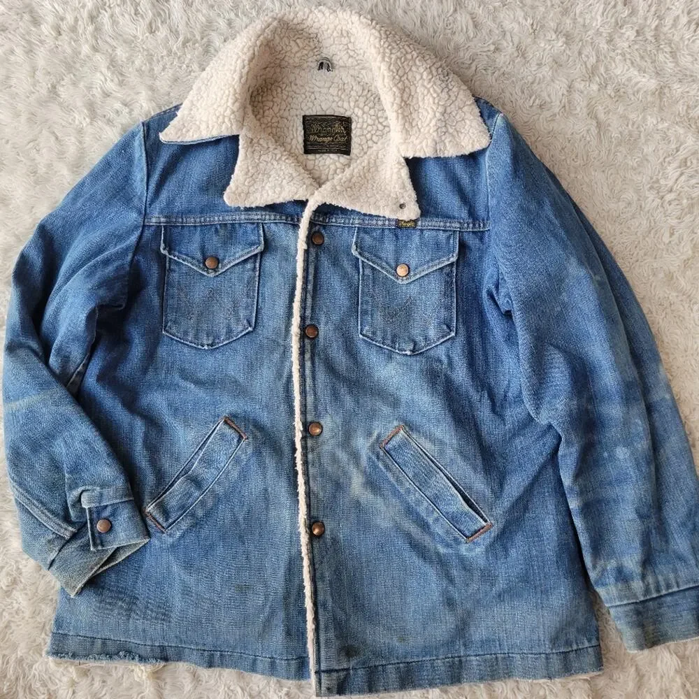 Vintage 1970s Wrangler Wrange Coat Denim Sherpa Lined Jacket in Blue Large